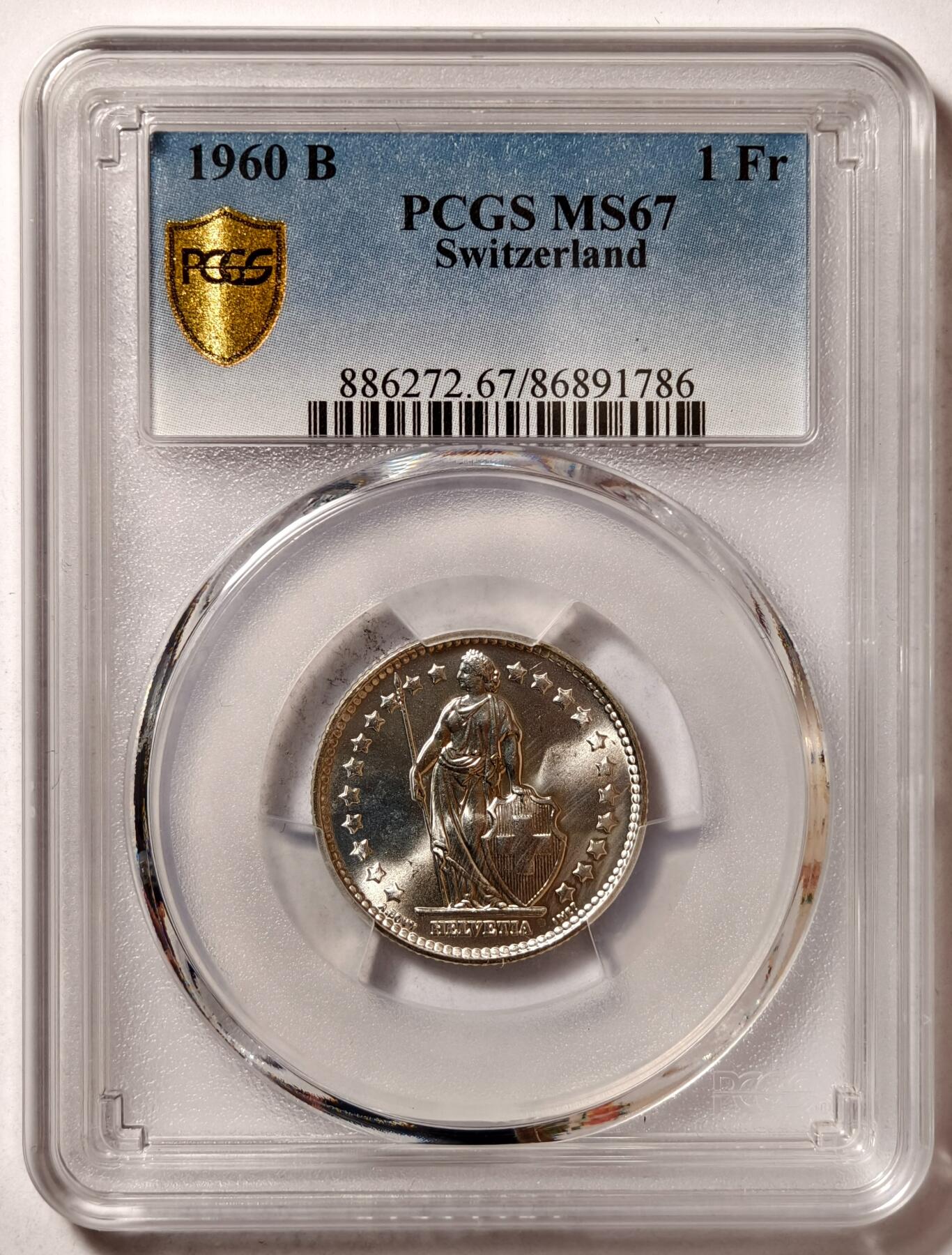 紫瑗钱币——第480期 瑞士 1960年 B版 赫尔维蒂亚 1法郎 银币 PCGS MS67