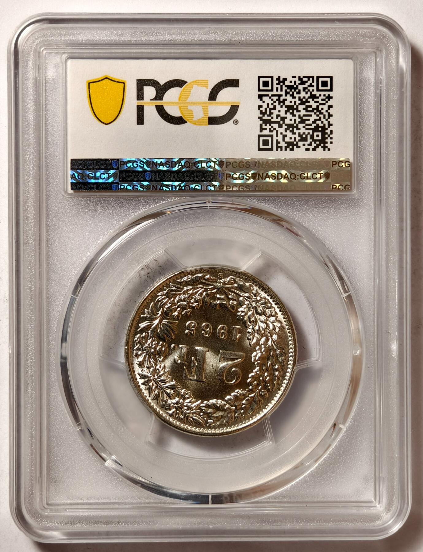 紫瑗钱币——第480期 瑞士 1965年 B版 赫尔维蒂亚 2法郎 银币 PCGS MS66