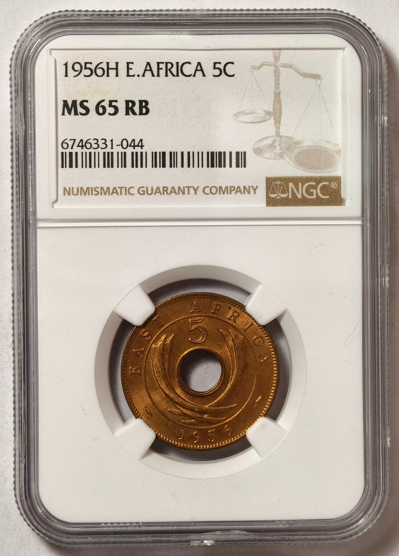 紫瑗钱币——第480期 英属东非 1956年 H版 伊丽莎白二世 5分 红铜币 NGC MS65 RB
