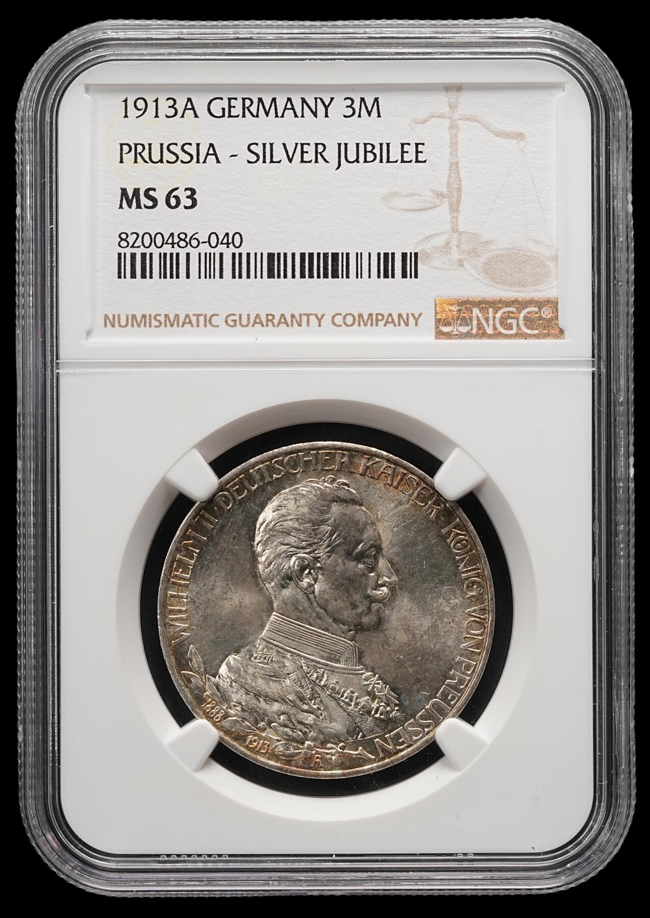 修遠堂世界钱币第五十一期 全场包邮 NGC MS63 1913年普鲁士威廉二世登基25周年纪念3马克银币
