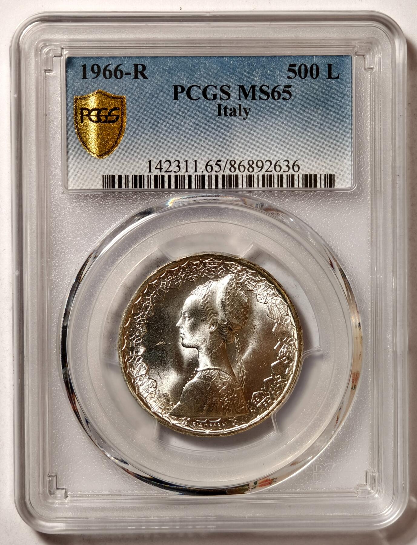 紫瑗钱币——第480期 意大利 1966年 R版 少女与帆船 500里拉 银币 PCGS MS65