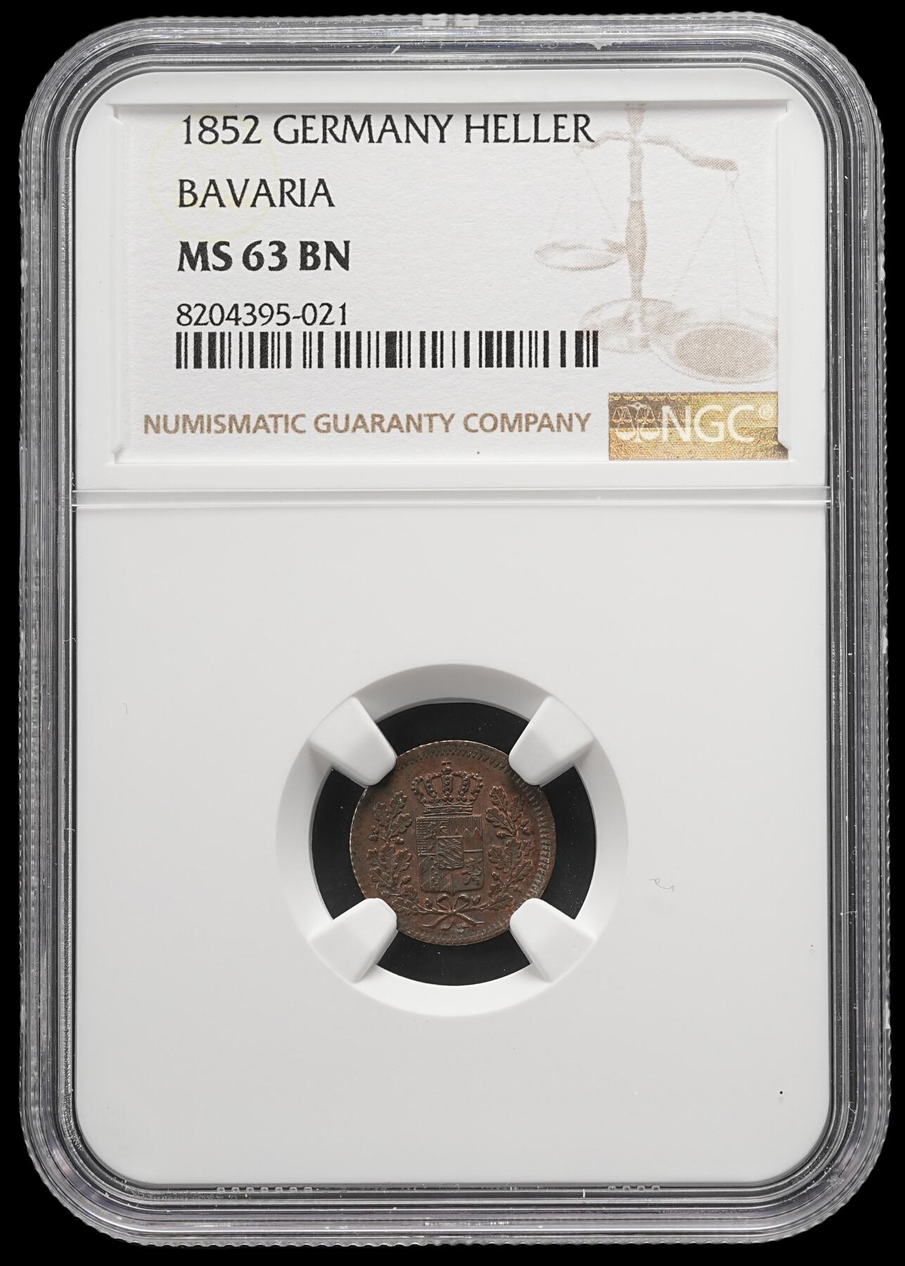 修遠堂世界钱币第五十一期 全场包邮 NGC MS63BN 1852年巴伐利亚1 HELLER铜币