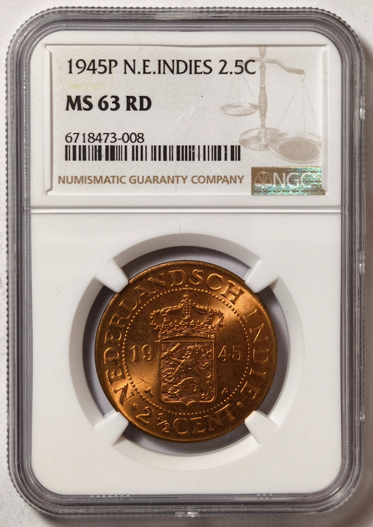 紫瑗钱币——第478期 荷属东印度 1945年 P版 2.5分 铜币 NGC MS63 RD
