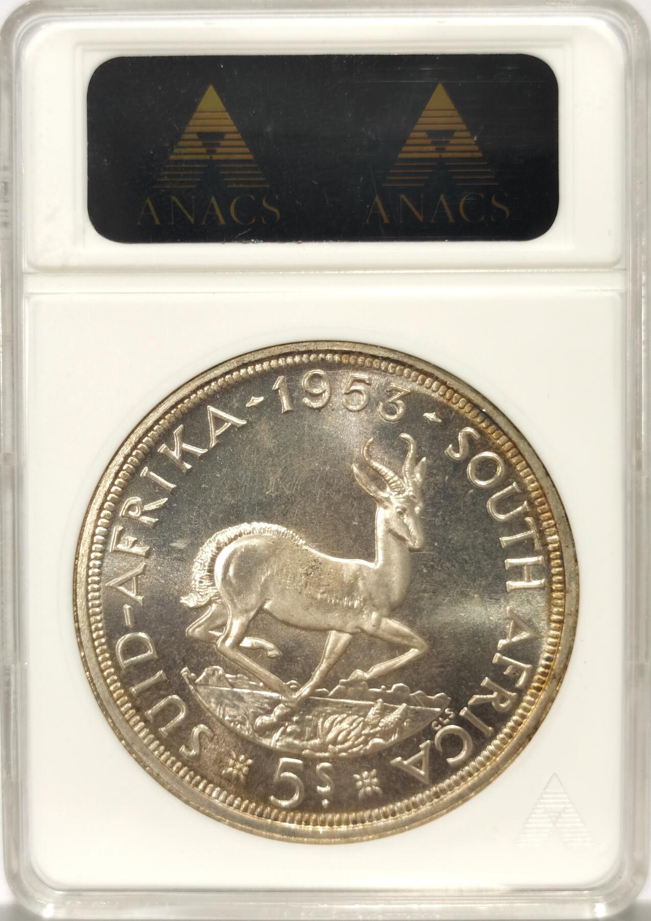 博洋堂世界钱币拍卖第104期（全场包邮） ANACS MS67 英属南非1953年伊丽莎白二世5先令银币 克朗 绝版小白盒 高分好品