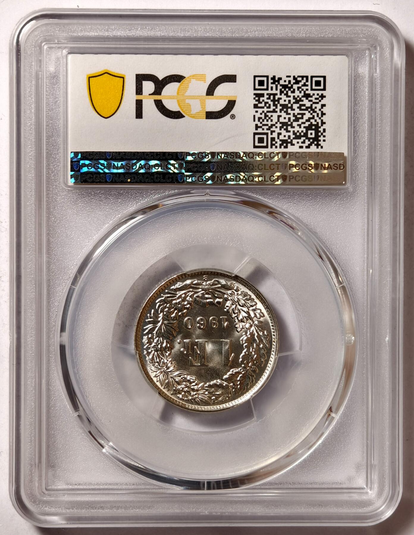 紫瑗钱币——第478期 瑞士 1960年 B版 赫尔维蒂亚 1法郎 银币 PCGS MS67