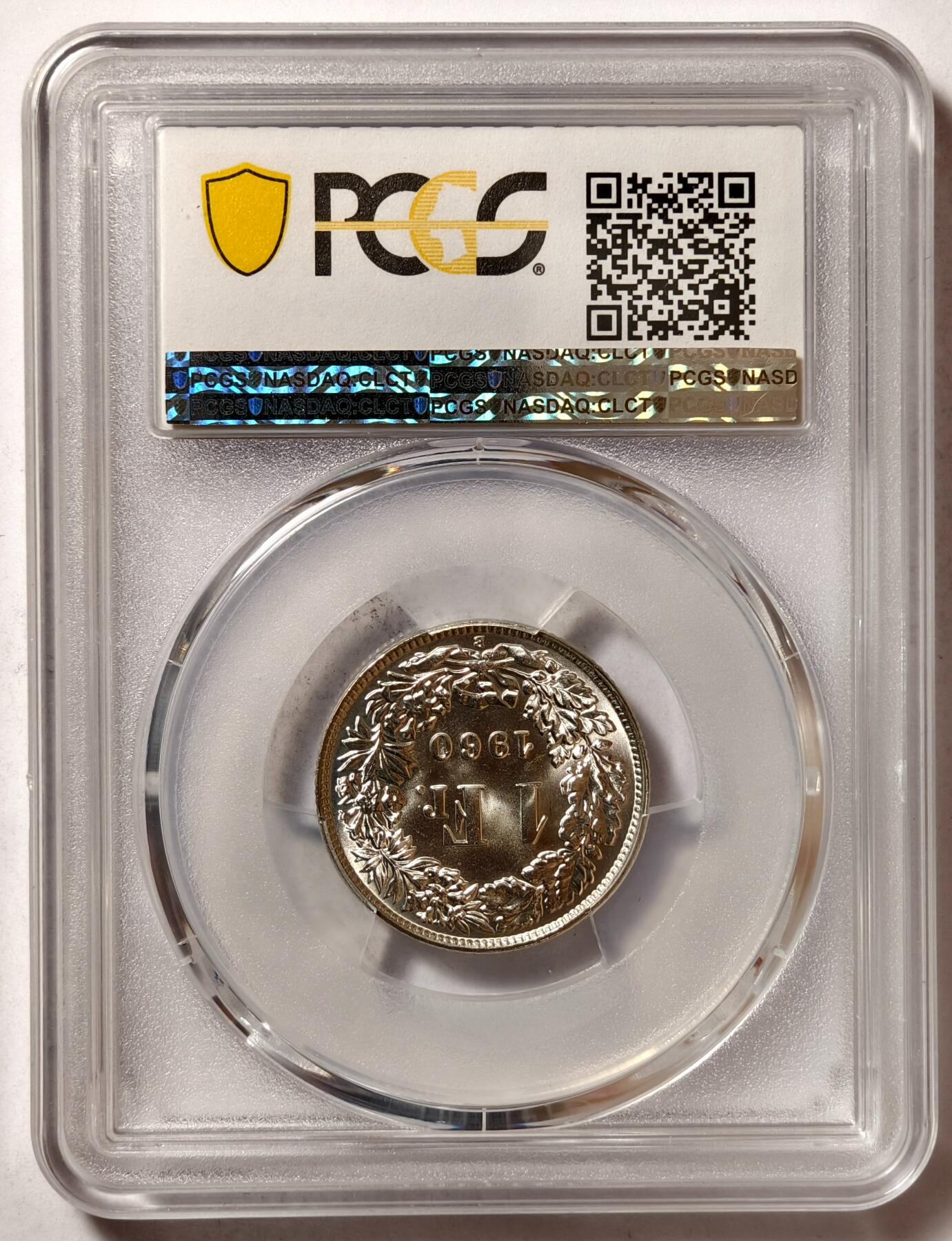 紫瑗钱币——第480期 瑞士 1960年 B版 赫尔维蒂亚 1法郎 银币 PCGS MS67
