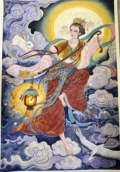 白泽拍卖卡牌手绘专场第10期（精品大拍） - 2024 非严手绘画 嫦娥奔月 尺寸：37cm*55cm