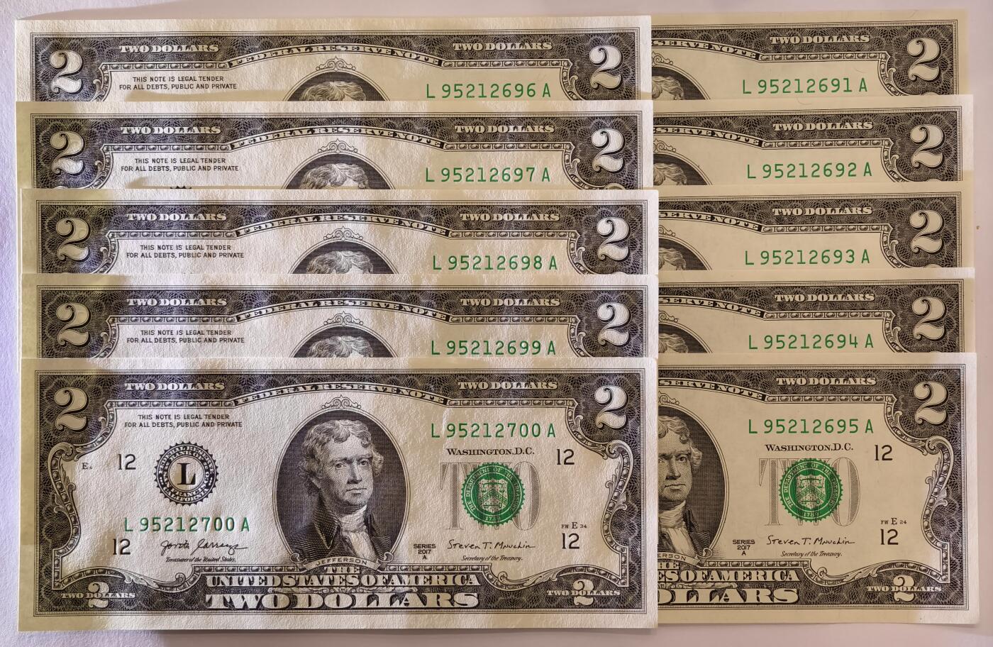 紫瑗钱币——第475期——纸币场 【标十91-00】美国 托马斯.杰斐逊 2美元 UNC 10张一组 刀拆货