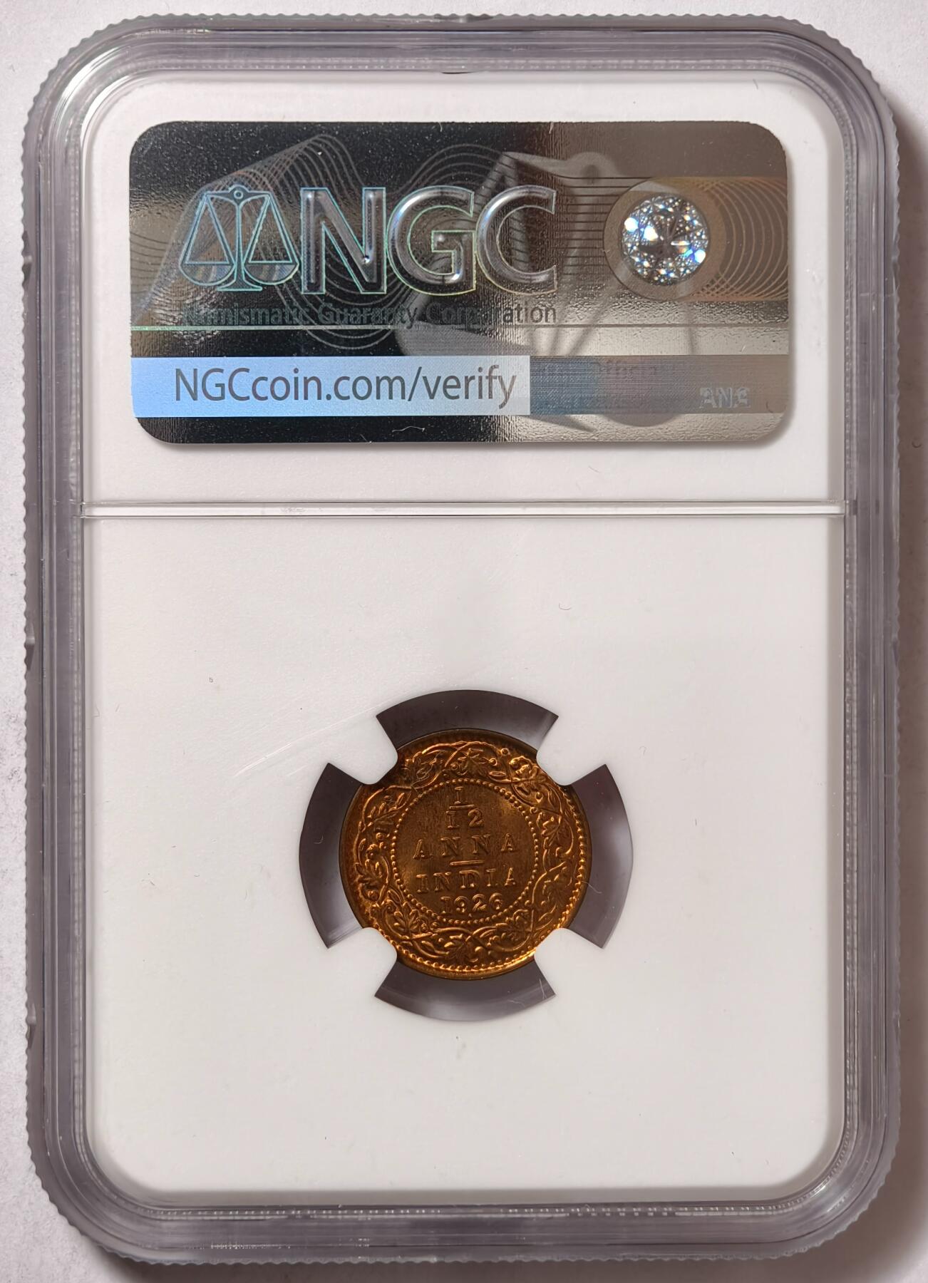 紫瑗钱币——第480期 英属印度 1926年 B版 乔治五世 1/12安娜 铜币 NGC MS65 RB