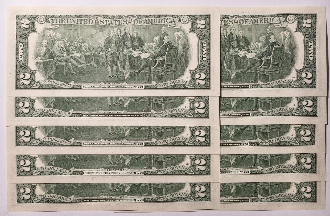 紫瑗钱币——第475期——纸币场 【标十91-00】美国 托马斯.杰斐逊 2美元 UNC 10张一组 刀拆货