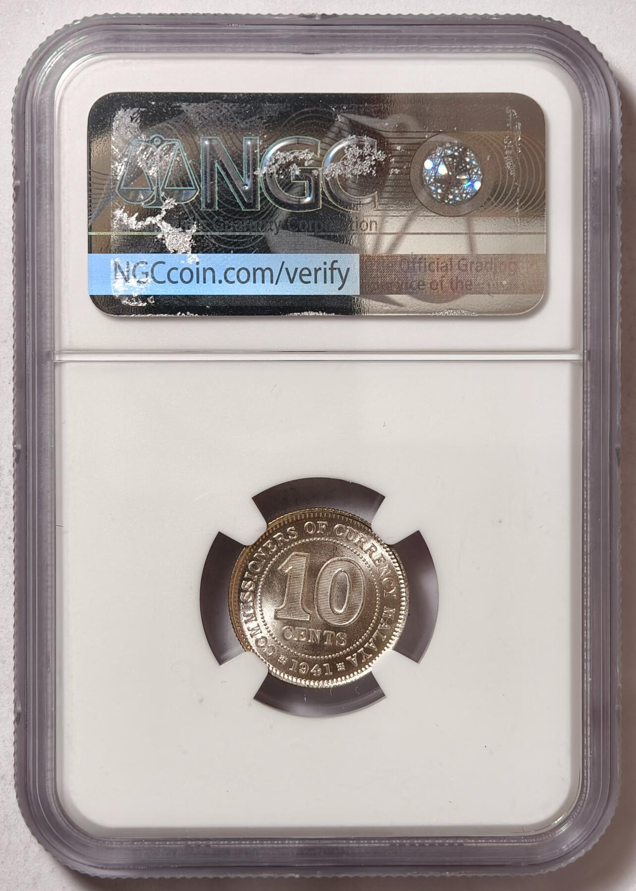 紫瑗钱币——第480期 马来亚 1941年 乔治六世 10分 银币 NGC MS64