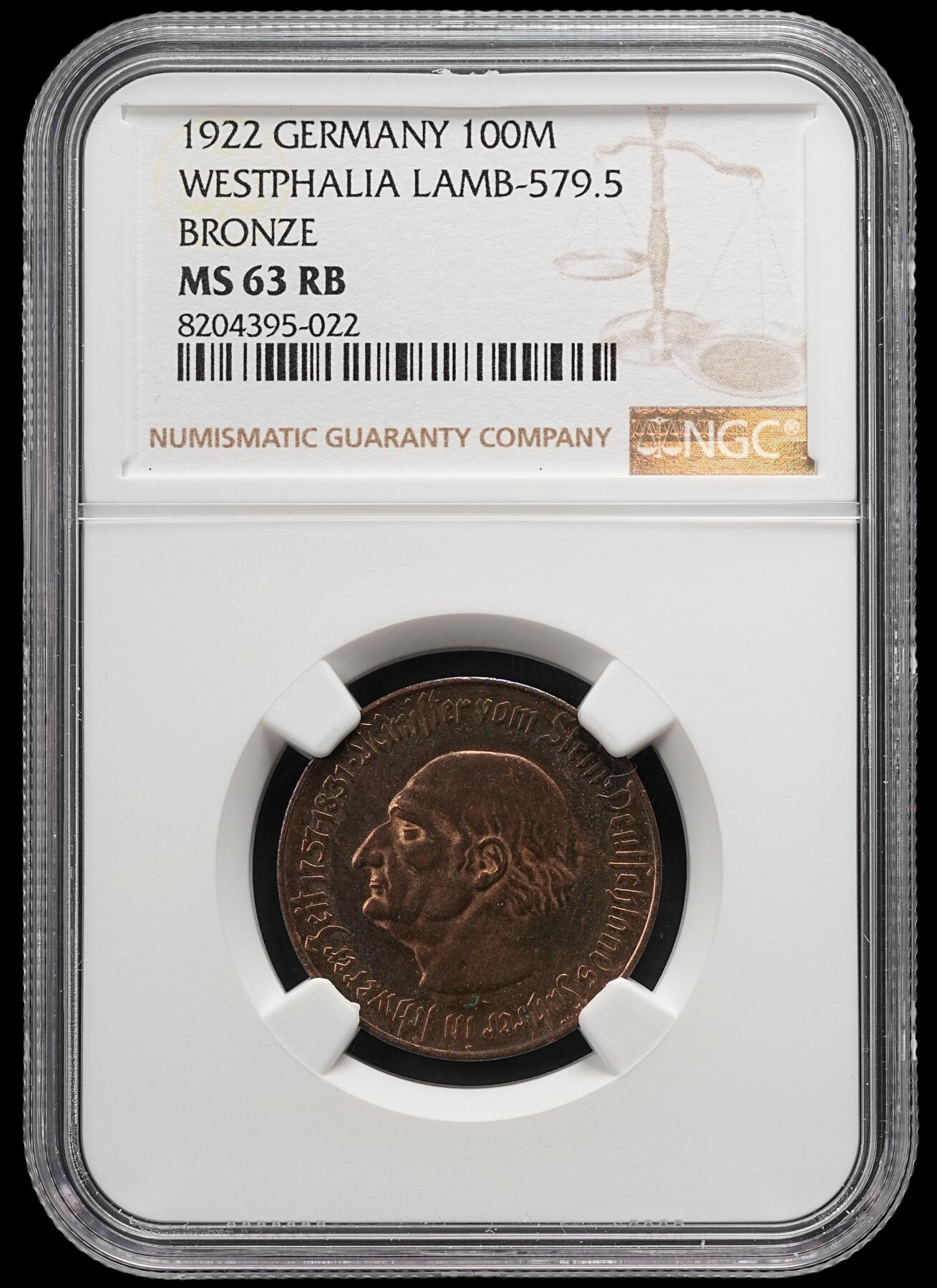 修遠堂世界钱币第五十一期 全场包邮 NGC MS63RB 1922年德国紧急时期威斯特法伦100马克马币