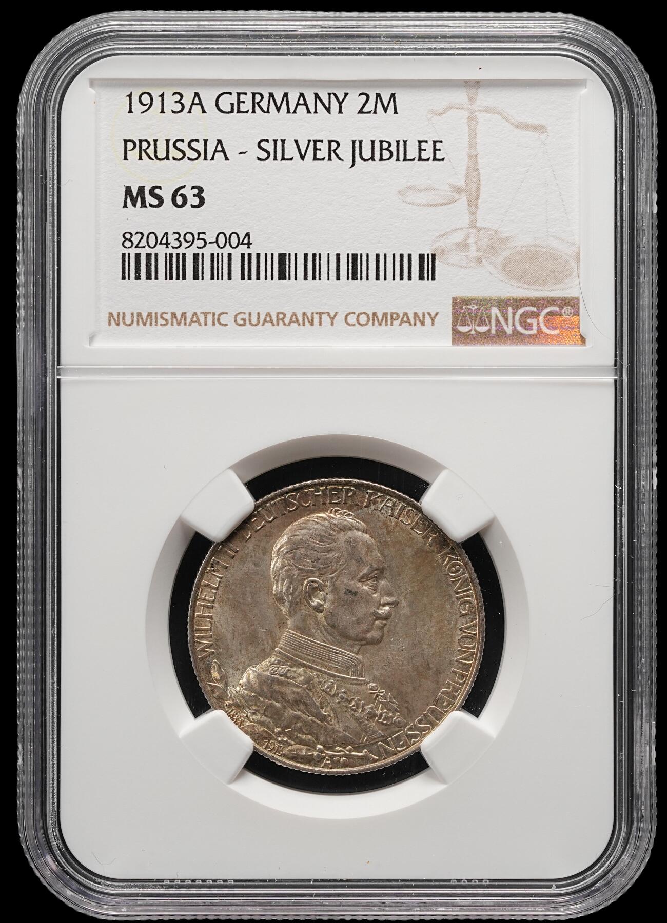 修遠堂世界钱币第五十一期 全场包邮 NGC MS63 1913年普鲁士威廉二世登基25周年纪念2马克银币