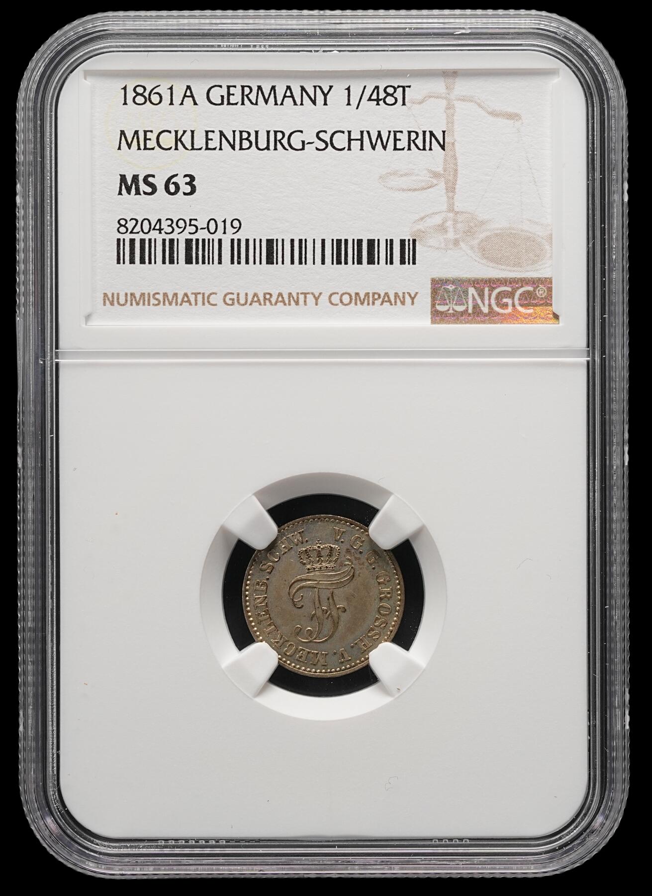 修遠堂世界钱币第五十一期 全场包邮 NGC MS63 1861年梅克伦堡什未林1/48泰勒银币