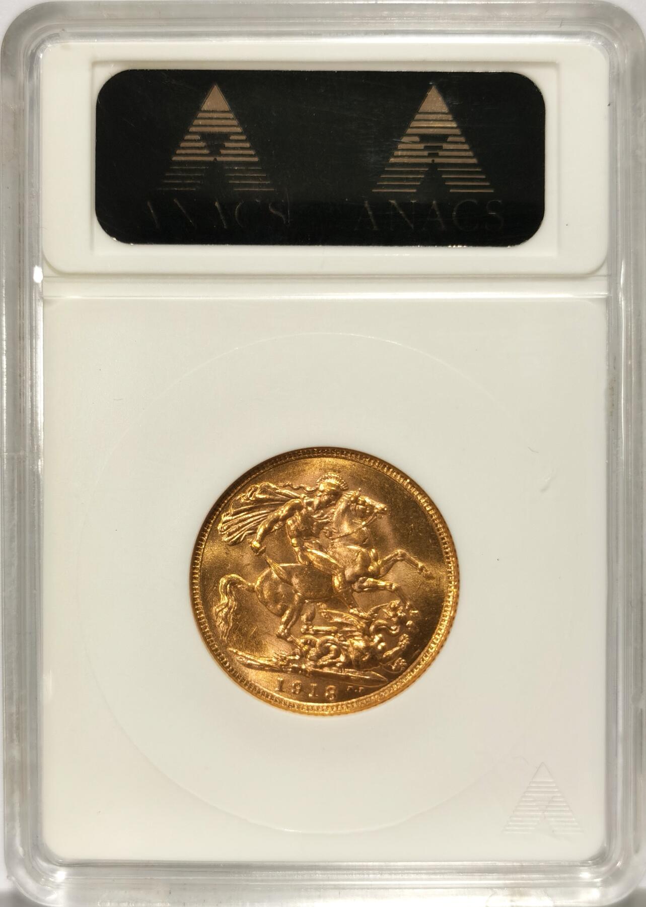 博洋堂世界钱币拍卖第104期（全场包邮） ANACS MS63 英属印度 1918年 乔治五世 1索维林金币 等值15卢比 单年型 好品少见 珍惜度S 背面马剑屠龙深打 小白盒潜力很大 今年SBP类似品相成交价960美元