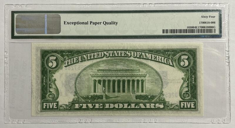 《外钞收藏家》第四百五十七期 1934年 5美元 银币券 双尾88 PMG64EPQ