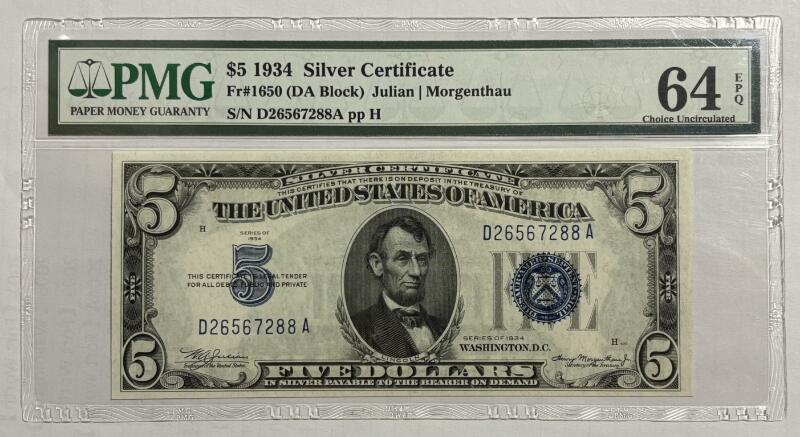 《外钞收藏家》第四百五十七期 1934年 5美元 银币券 双尾88 PMG64EPQ