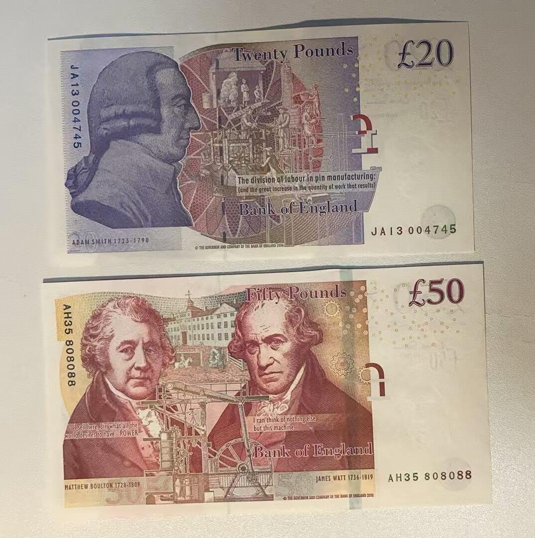 《外钞收藏家》第四百五十七期 英国F序列20和50镑 两张一起 全新UNC 50镑无47 靓号