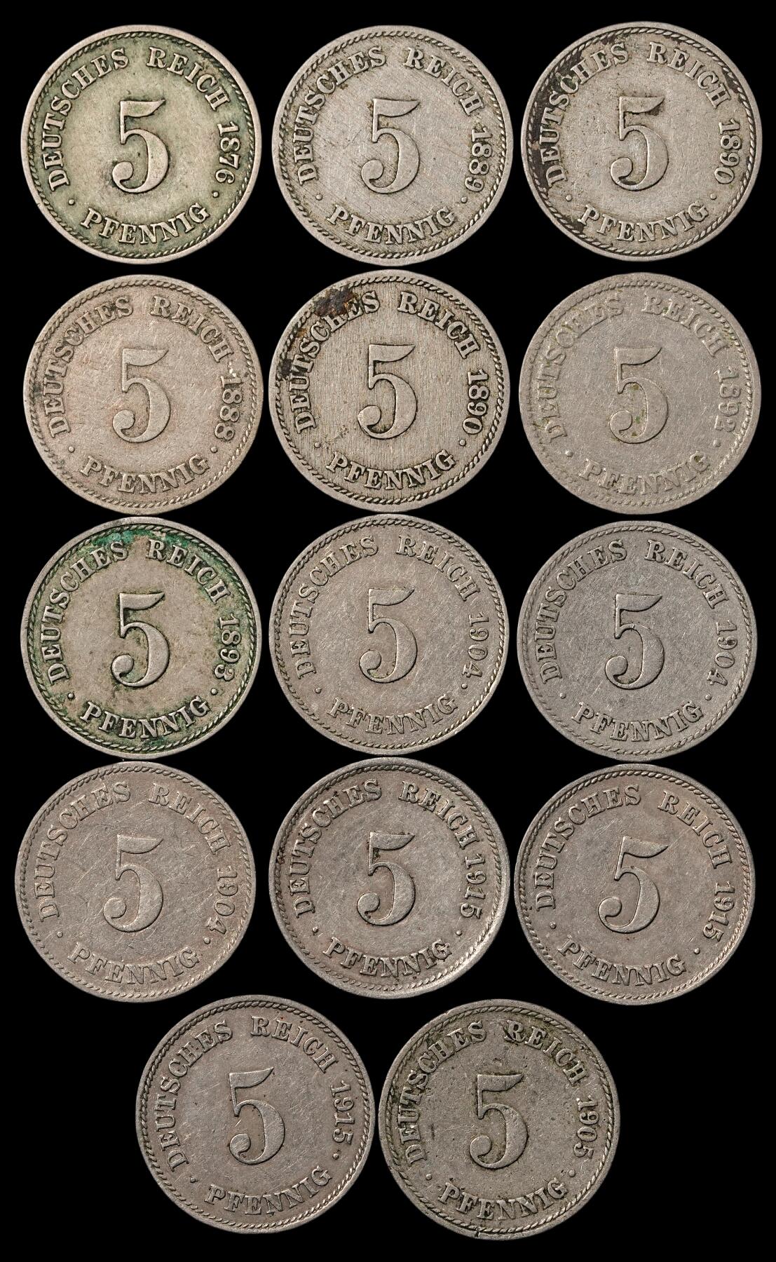 修遠堂世界钱币第五十一期 全场包邮 德意志第二帝国5芬尼一组 年份或者厂铭均不重复