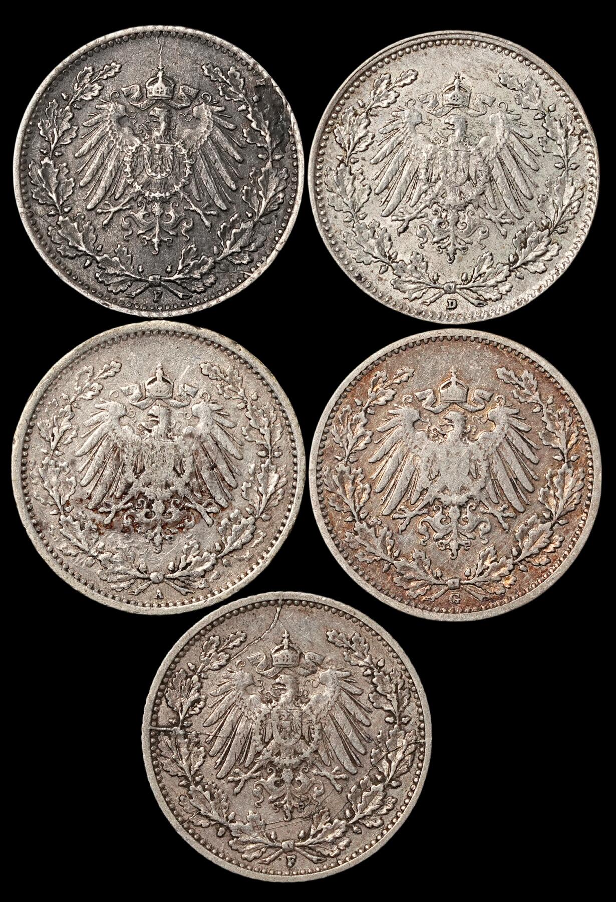 修遠堂世界钱币第五十一期 全场包邮 德意志第二帝国1/2马克银币5枚 第二组 13.74g