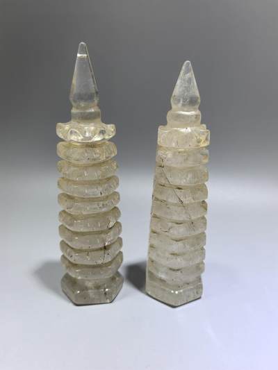 旧藏水晶六棱九层宝塔一对，可单出。包浆浑厚沉稳。尺寸:13.5cm*3.6cm - 旧藏水晶六棱九层宝塔一对，可单出。包浆浑厚沉稳。尺寸:13.5cm*3.6cm
