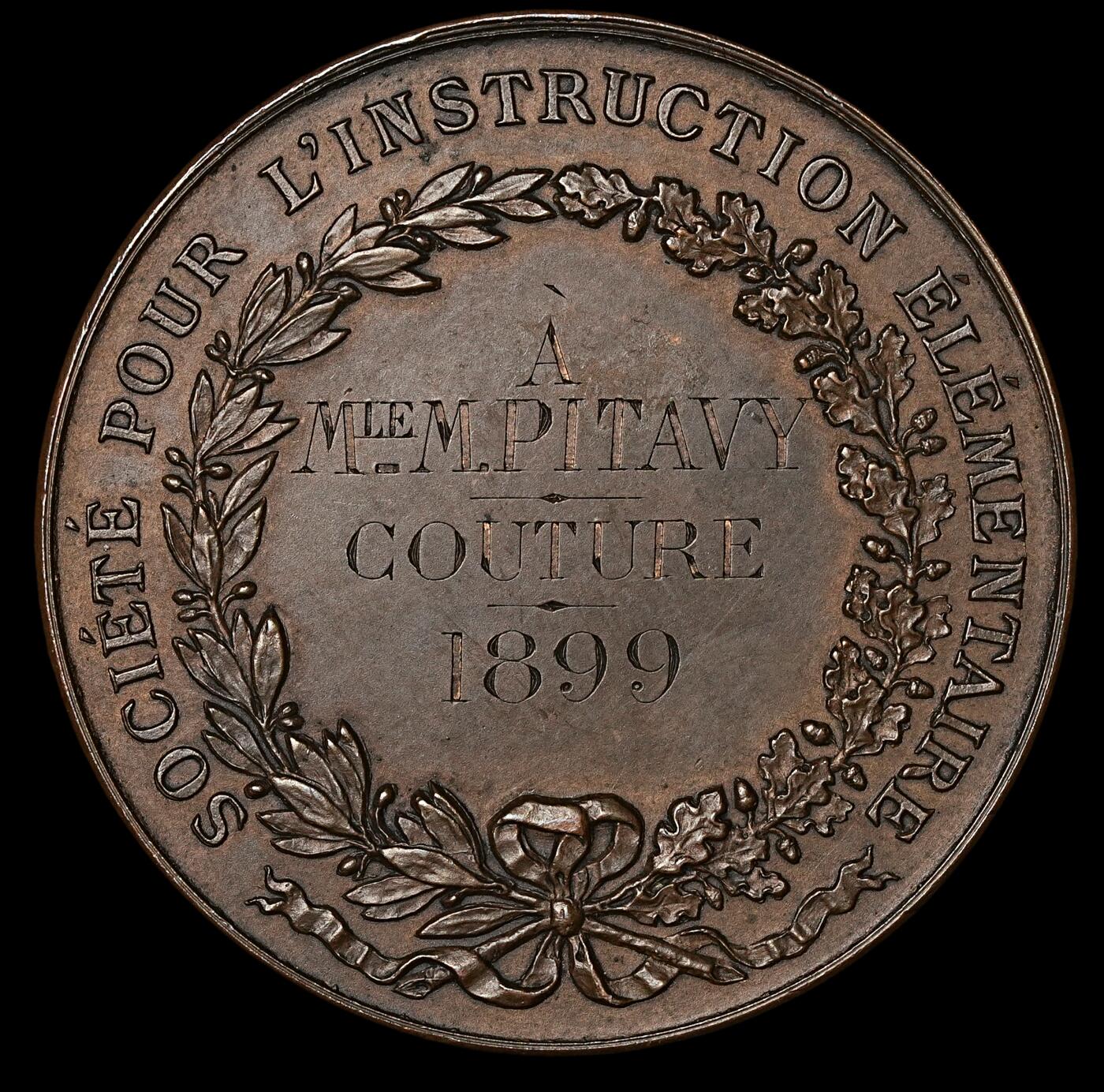 修遠堂世界钱币第五十一期 全场包邮 1899年比利时教育题材大铜章 41mm，37.29g