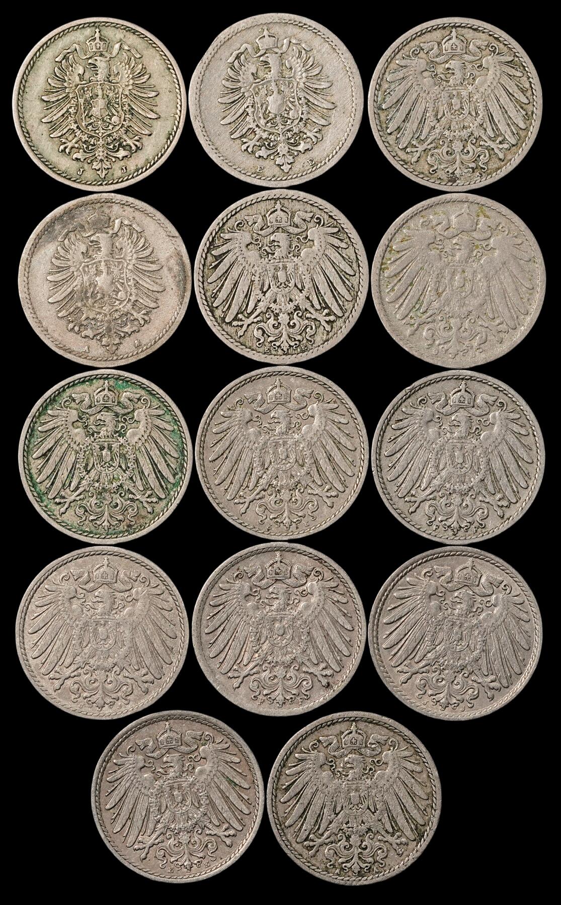 修遠堂世界钱币第五十一期 全场包邮 德意志第二帝国5芬尼一组 年份或者厂铭均不重复