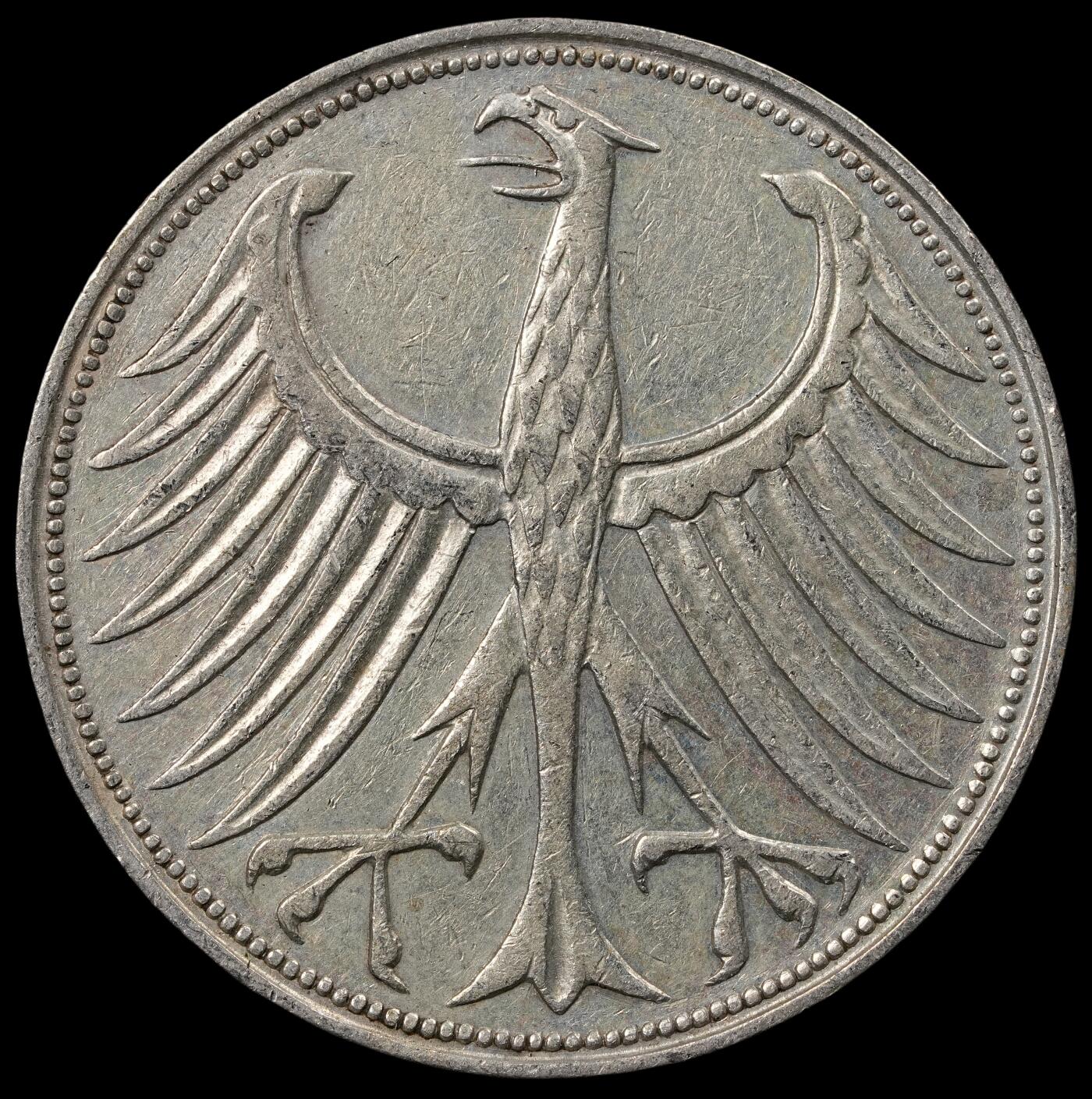 修遠堂世界钱币第五十一期 全场包邮 1951年西德5马克银币 D厂铭 11.17g，含银62.5%