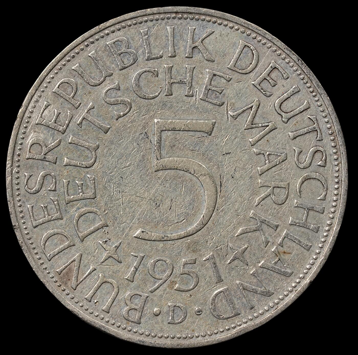 修遠堂世界钱币第五十一期 全场包邮 1951年西德5马克银币 D厂铭 11.17g，含银62.5%