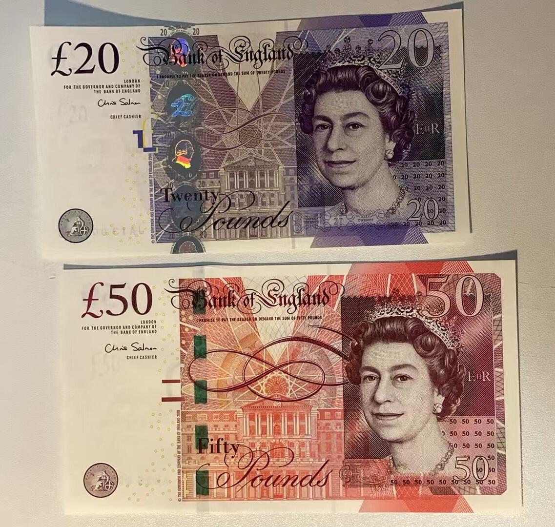 《外钞收藏家》第四百五十七期 英国F序列20和50镑 两张一起 全新UNC 50镑无47 靓号