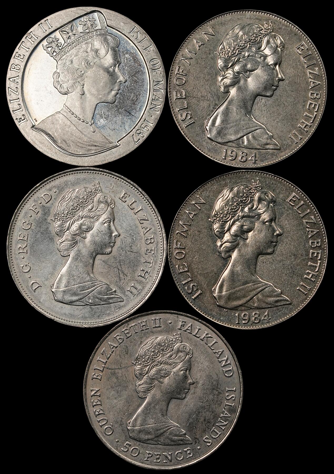 修遠堂世界钱币第五十一期 全场包邮 英国以及英属海外领地克朗型纪念大镍币5枚 第二组