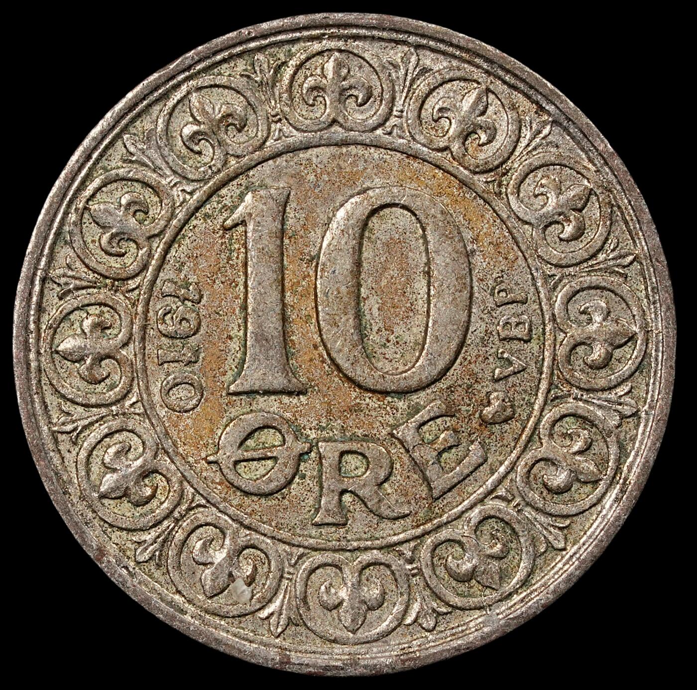 修遠堂世界钱币第五十一期 全场包邮 1910年丹麦10欧尔银币 老包浆带光 1.41g