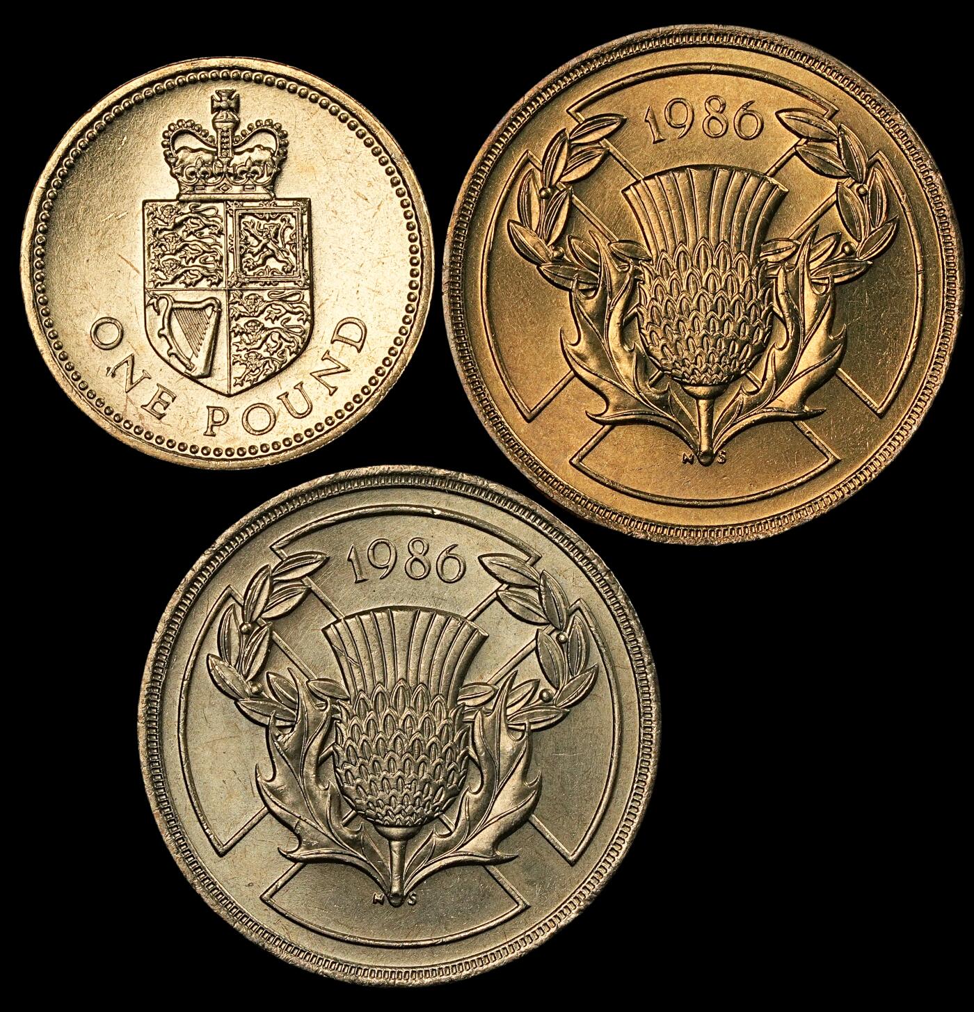 修遠堂世界钱币第五十一期 全场包邮 UNC 80年代英国1，2磅硬币3枚