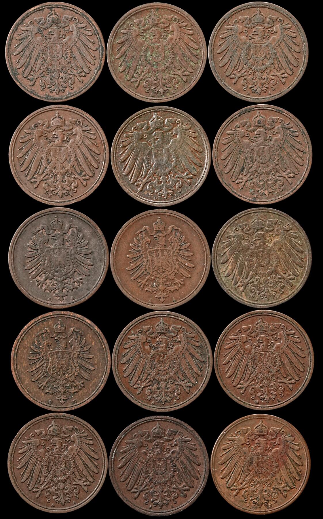 修遠堂世界钱币第五十一期 全场包邮 德意志第二帝国1芬尼铜币一组 年份或者厂铭均不重复