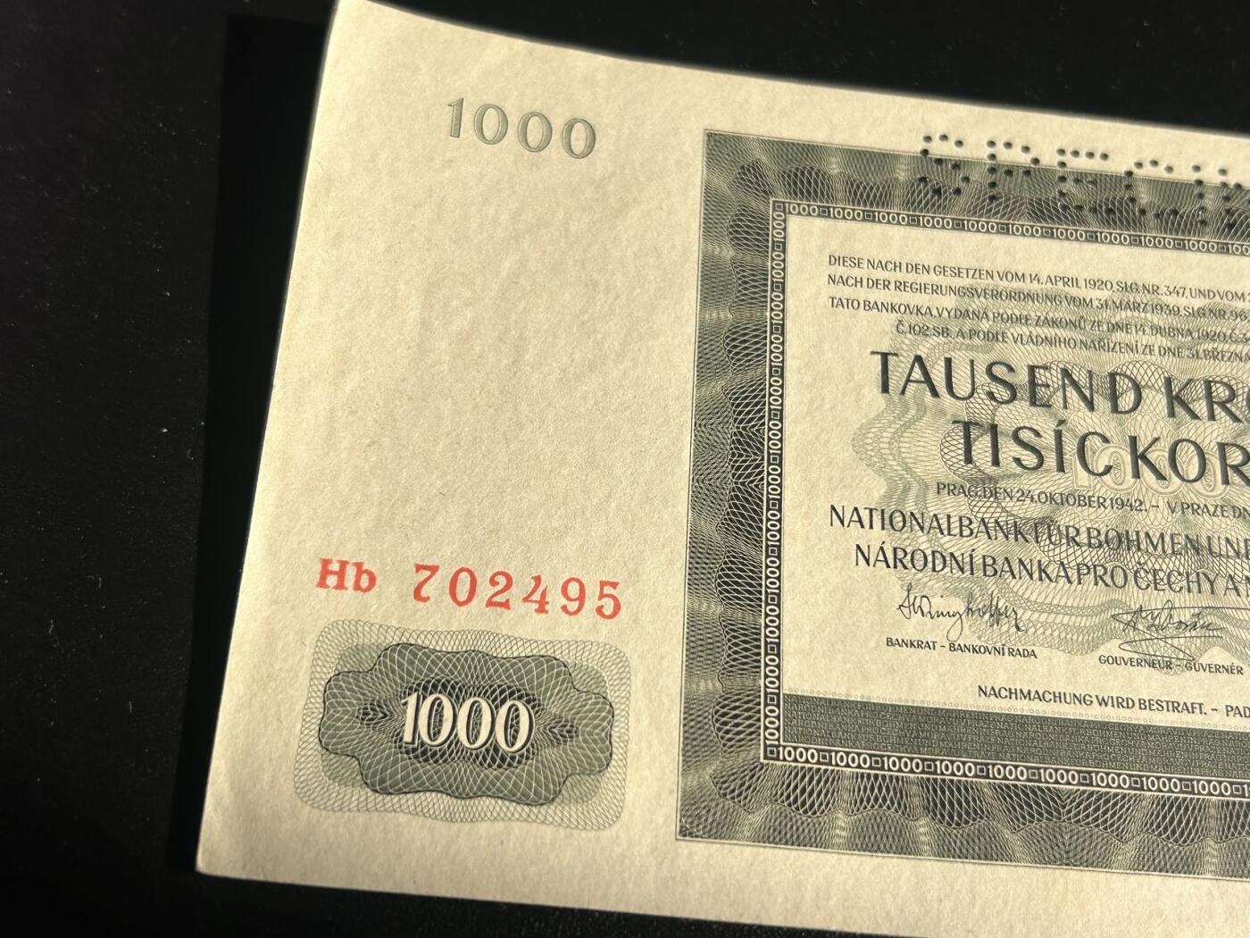 收藏联盟Quantum Auction 第404期拍卖 @征集拍品 长期供货可享分佣福利 1942年版 波西米亚1000克朗（票样） 品相如图