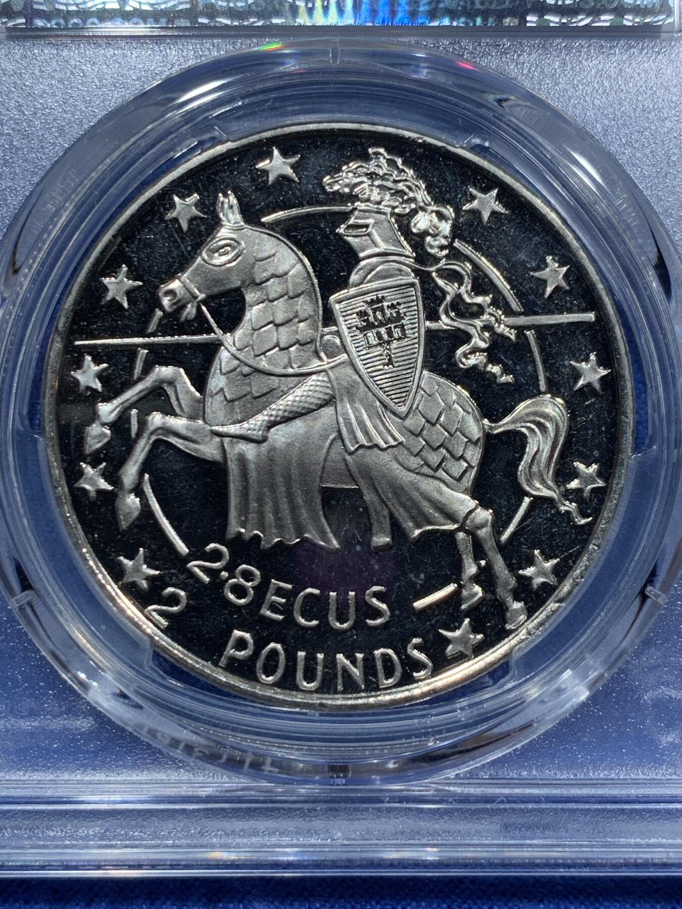 《竞宝斋》第340场 周日，周一，2场连拍 （全场包邮） PCGS MS67 直布罗陀1992年2.8埃居2英镑，特殊双面值大镍币，欧洲骑士