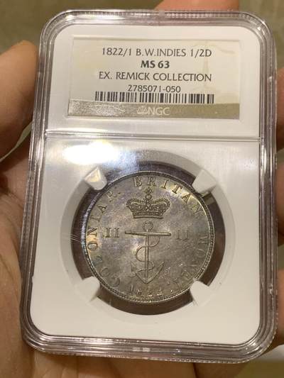 《竞宝斋》第340场 周日，周一，2场连拍 （全场包邮） - NGC-MS63 1822/1骑字英属西印度1/2D锚币 原味极致五彩  1/2D为全套最大面值，普制高分稀少 更高分仅2枚，英属大神REMICK名家旧藏，流传有序