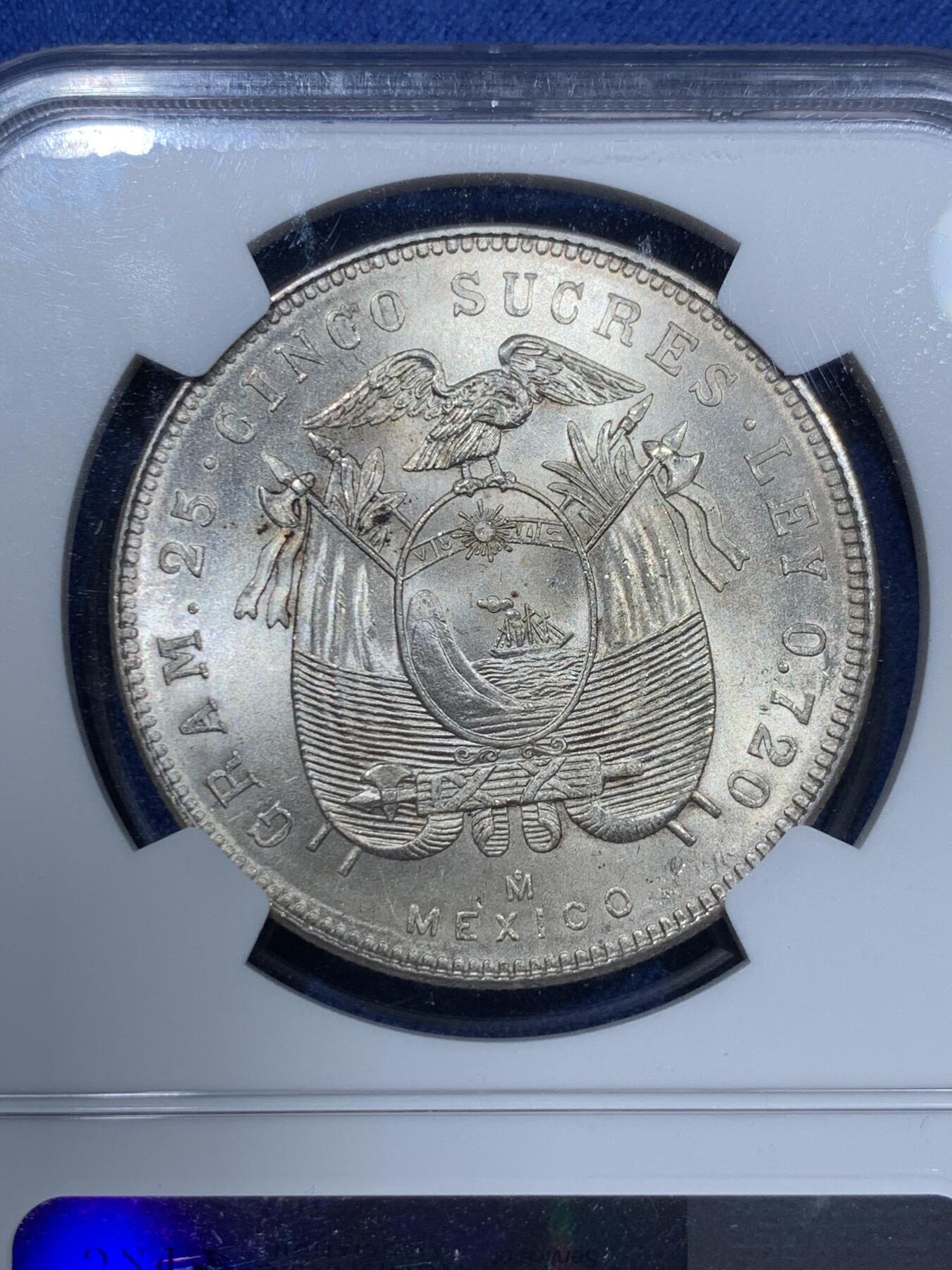 《竞宝斋》第340场 周日，周一，2场连拍 （全场包邮） NGC MS64 厄瓜多尔1944年5苏科雷银币，墨西哥造币厂出品，64分GEM BU品相，热门南美币，精美主币，潜力巨大