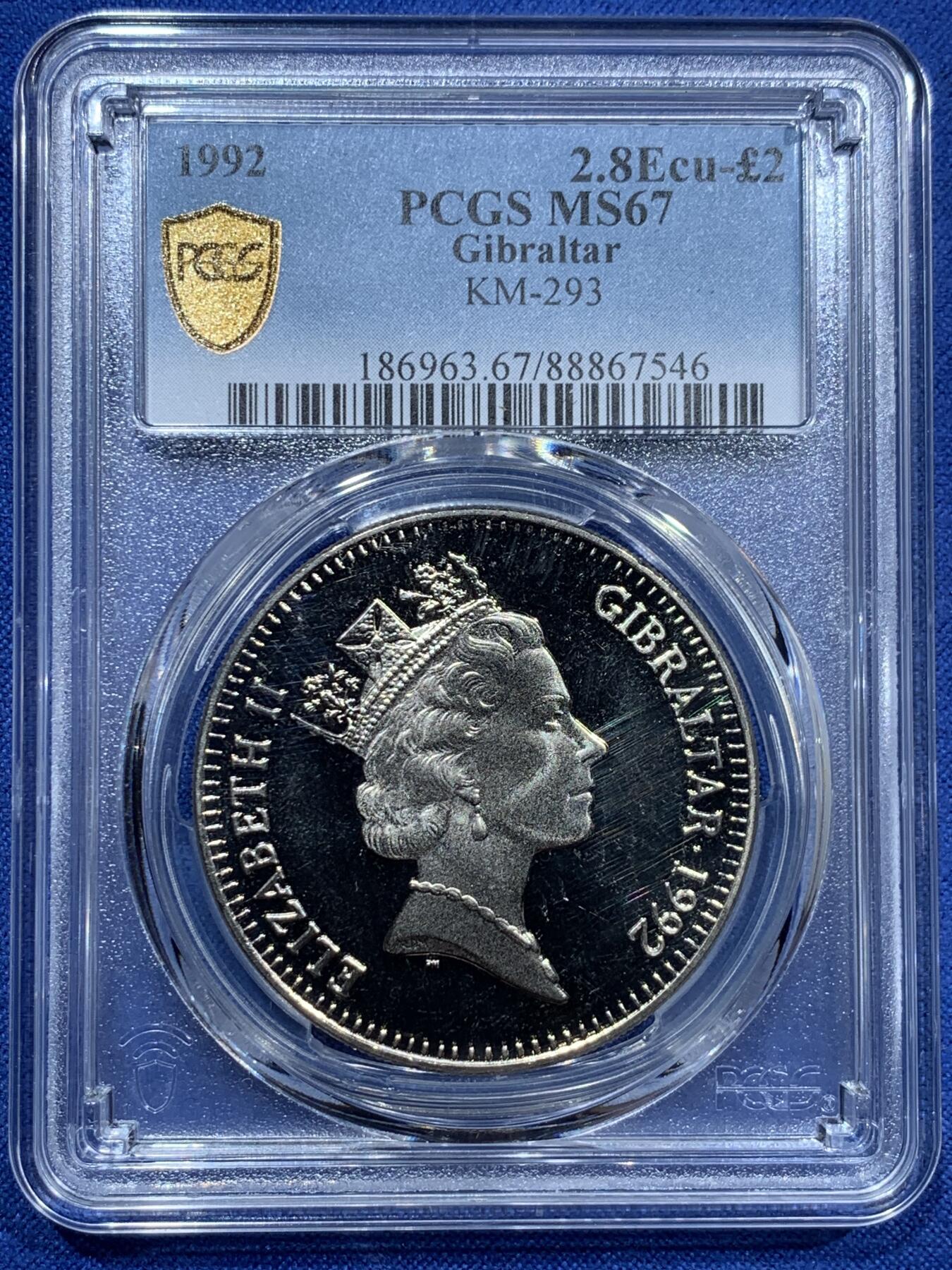 《竞宝斋》第340场 周日，周一，2场连拍 （全场包邮） PCGS MS67 直布罗陀1992年2.8埃居2英镑，特殊双面值大镍币，欧洲骑士