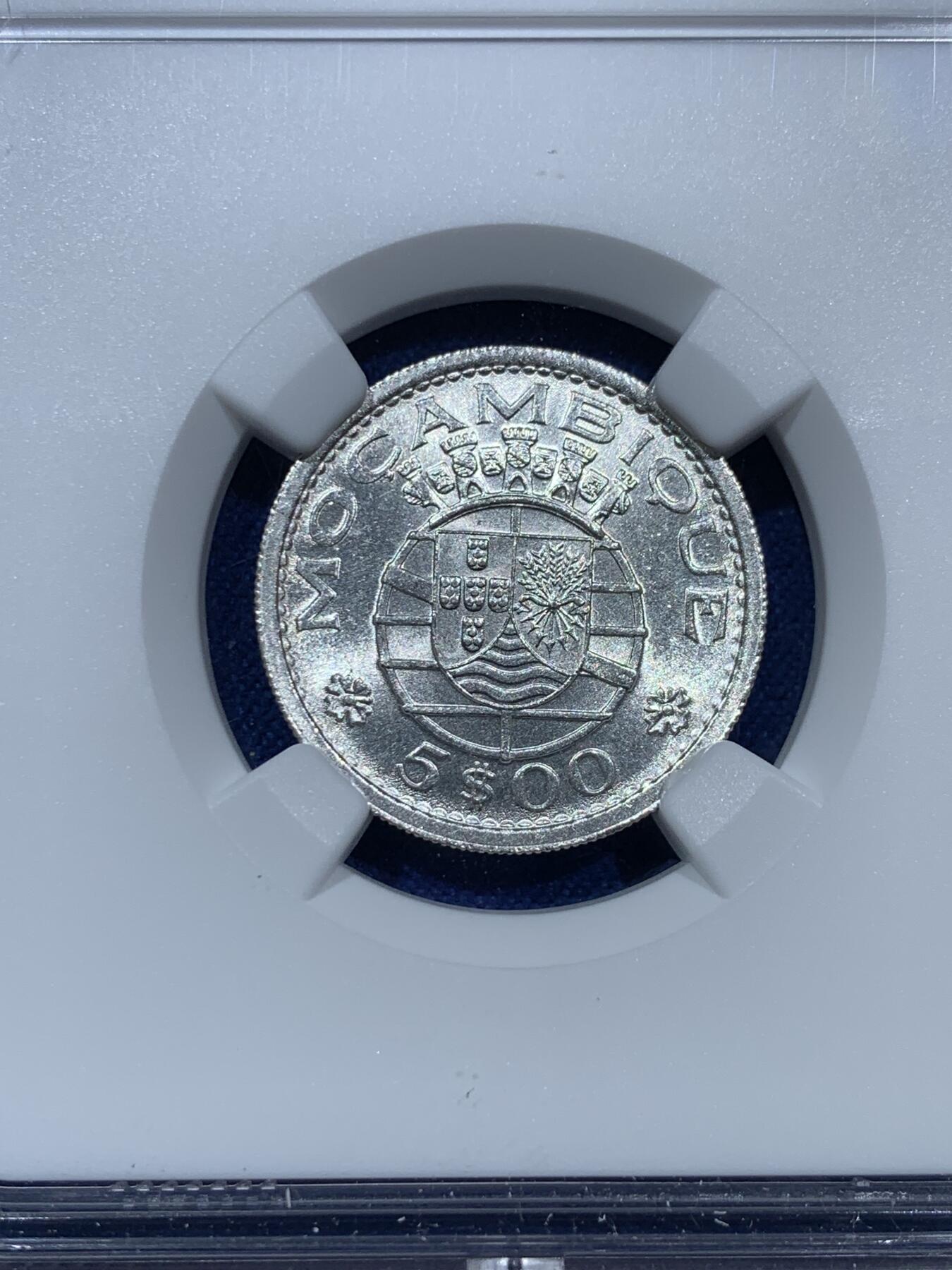 《竞宝斋》第340场 周日，周一，2场连拍 （全场包邮） NGC MS62 葡属莫桑比克1960年5埃斯库多银币 卷拆品 严评 葡属必备