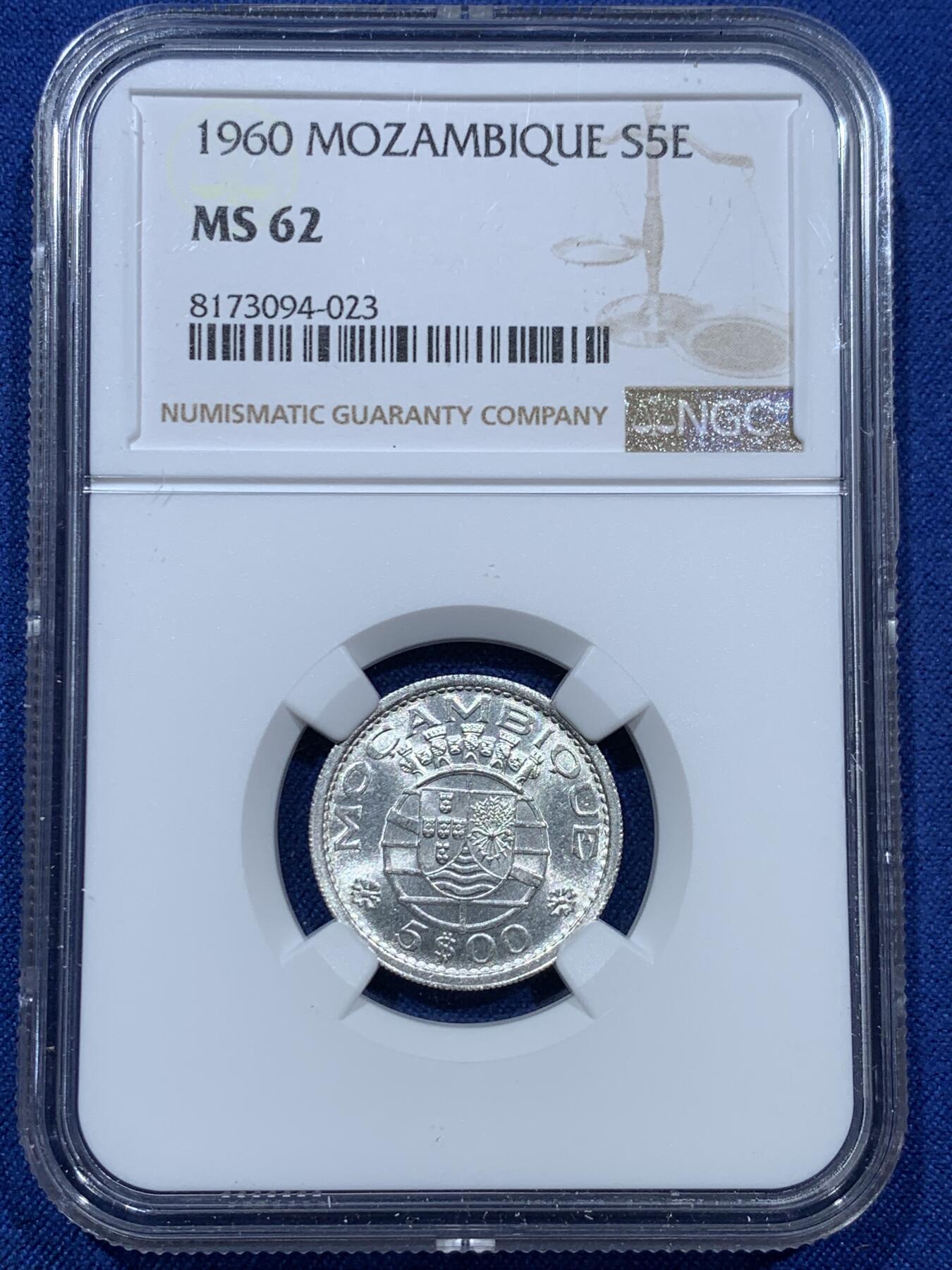 《竞宝斋》第340场 周日，周一，2场连拍 （全场包邮） NGC MS62 葡属莫桑比克1960年5埃斯库多银币 卷拆品 严评 葡属必备