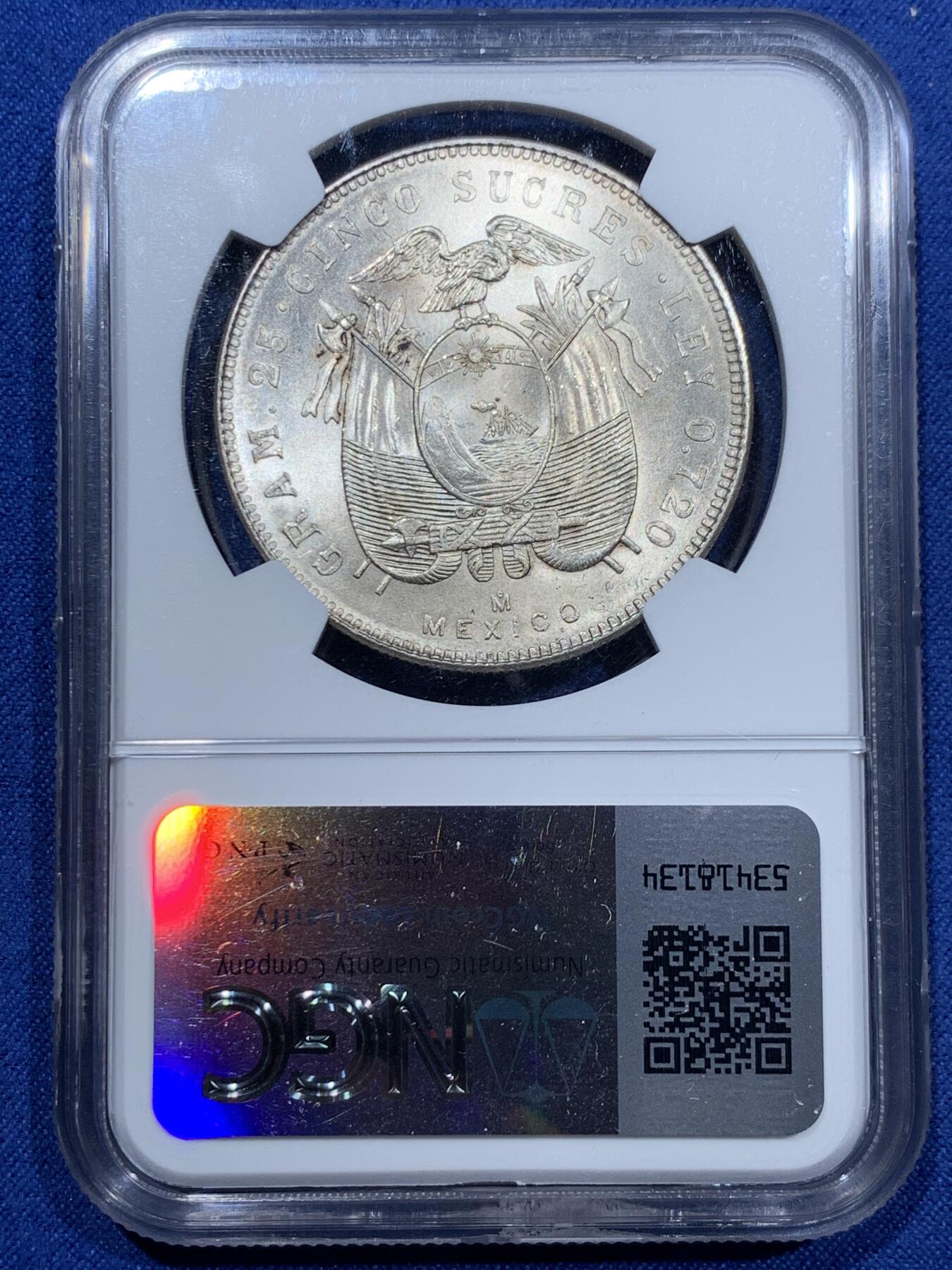 《竞宝斋》第340场 周日，周一，2场连拍 （全场包邮） NGC MS64 厄瓜多尔1944年5苏科雷银币，墨西哥造币厂出品，64分GEM BU品相，热门南美币，精美主币，潜力巨大