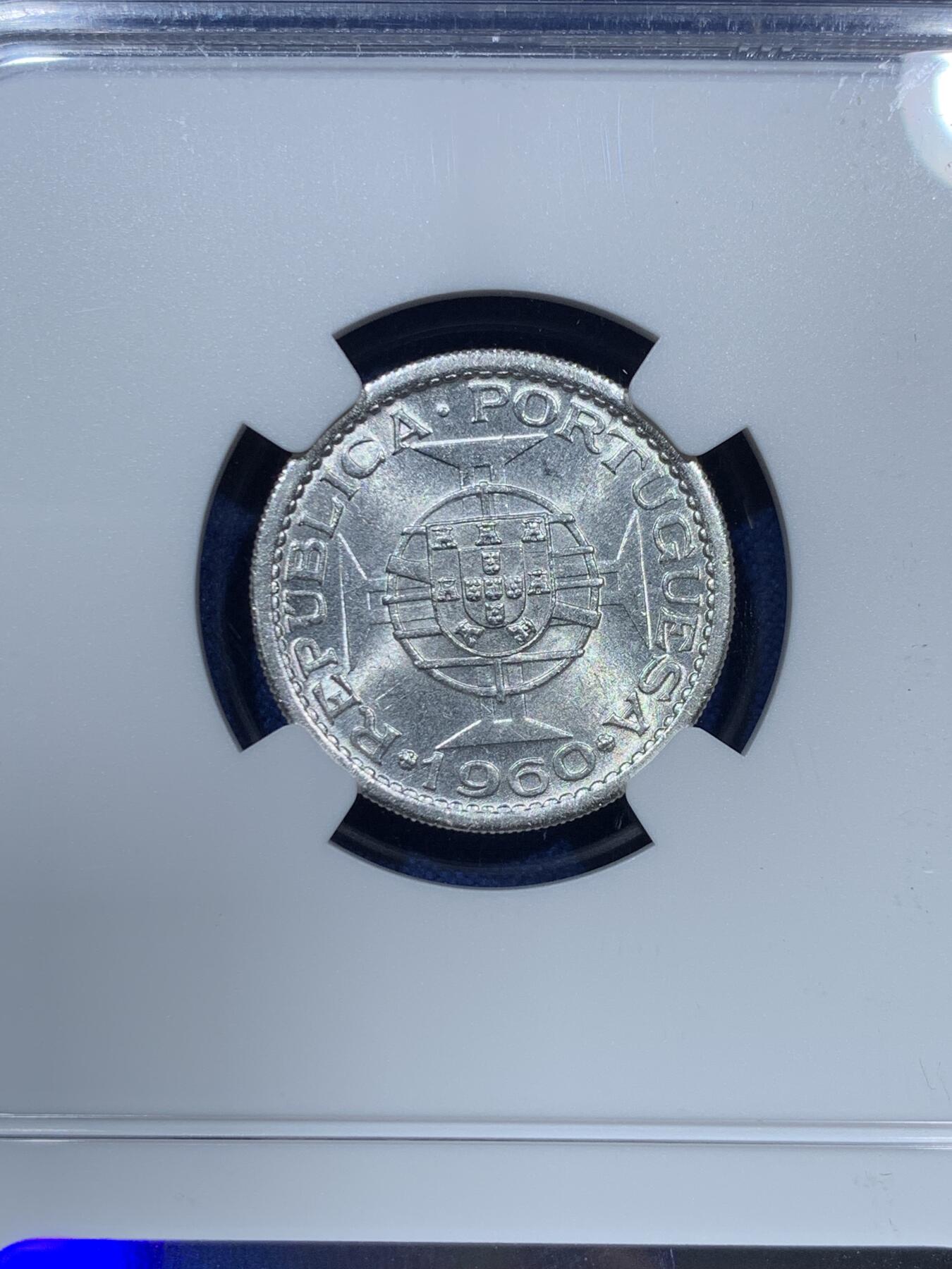 《竞宝斋》第340场 周日，周一，2场连拍 （全场包邮） NGC MS62 葡属莫桑比克1960年5埃斯库多银币 卷拆品 严评 葡属必备