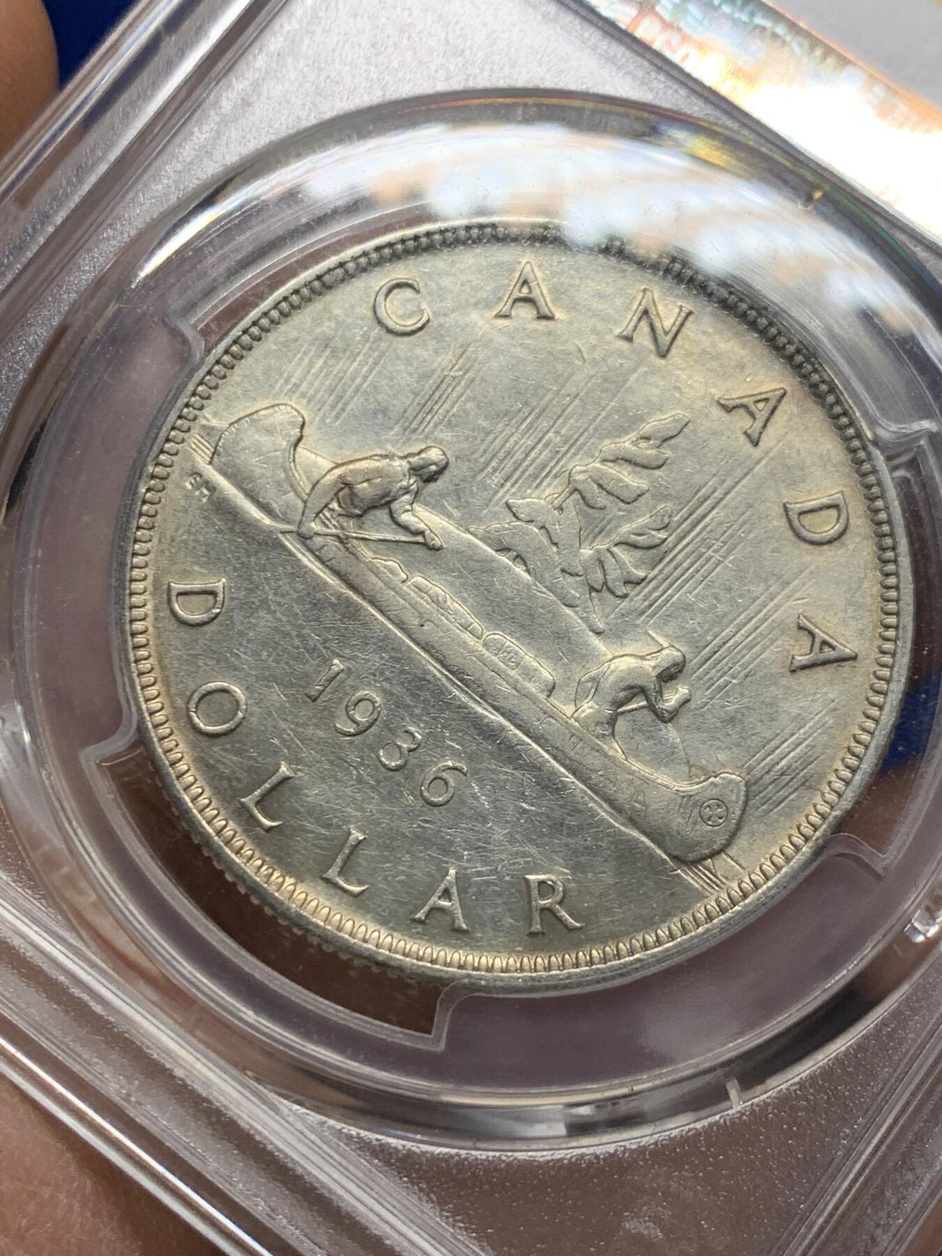 《竞宝斋》第340场 周日，周一，2场连拍 （全场包邮） PCGS AU55 加拿大1936年乔治五世国王头像划船1元银币