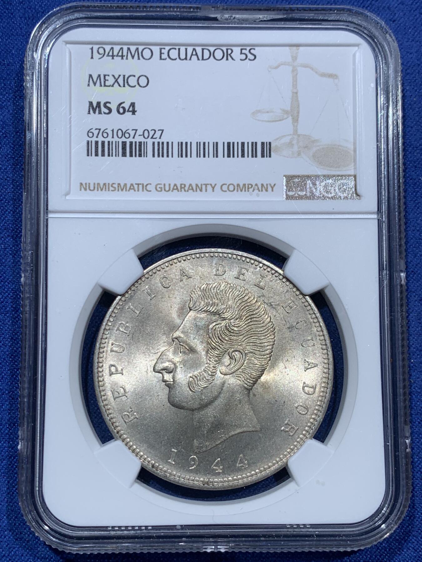 《竞宝斋》第340场 周日，周一，2场连拍 （全场包邮） NGC MS64 厄瓜多尔1944年5苏科雷银币，墨西哥造币厂出品，64分GEM BU品相，热门南美币，精美主币，潜力巨大