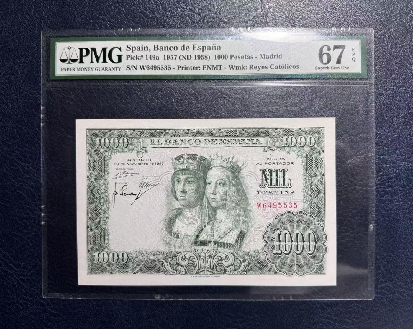 收藏联盟Quantum Auction 第402期拍卖 @征集拍品 长期供货可享分佣福利  1957年西班牙1000比塞塔 大方块双王 PMG67E