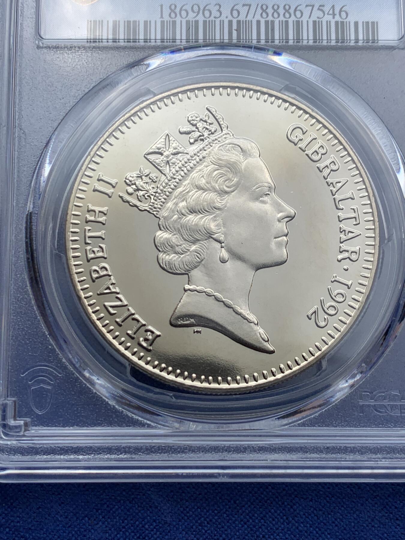 《竞宝斋》第340场 周日，周一，2场连拍 （全场包邮） PCGS MS67 直布罗陀1992年2.8埃居2英镑，特殊双面值大镍币，欧洲骑士