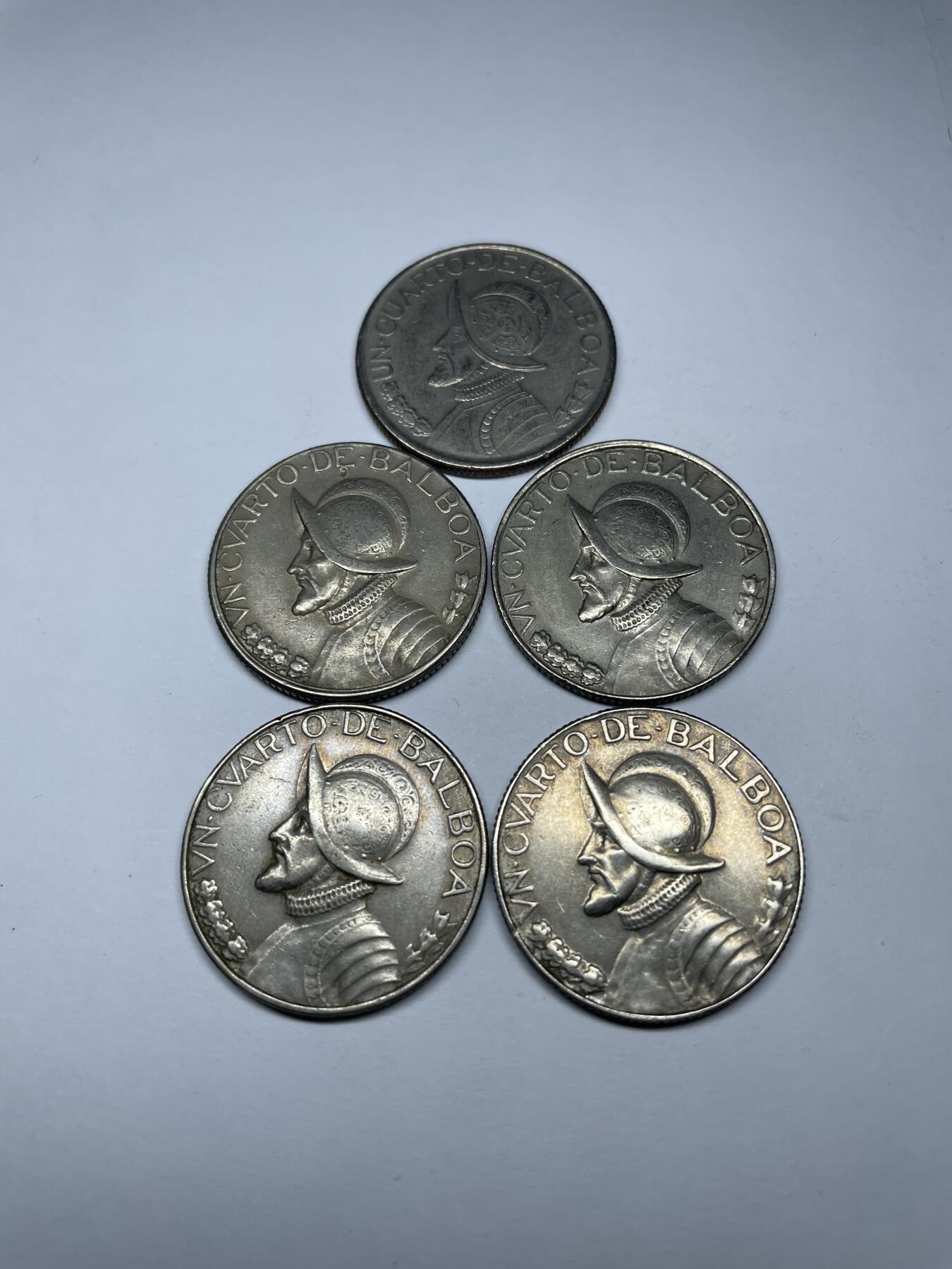每日一拍，2024年集古藏今外币拍卖第十九期-第8场—（总第188拍），可以寄存60天，满160元包邮。 5个不同年份巴拿马1/4巴波亚