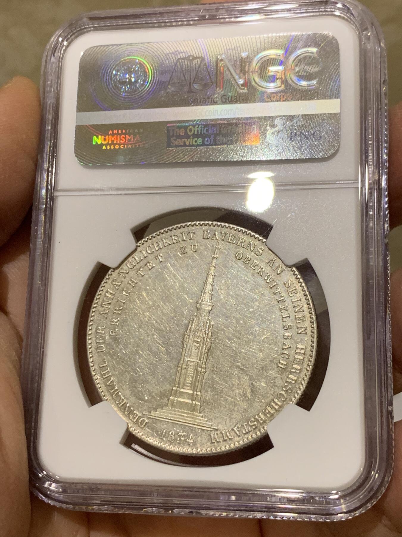 《竞宝斋》第341场 周日，周一，2场连拍 （全场包邮） NGC MS60 德国1834巴伐利亚特蕾莎王后纪念碑历史泰勒 PL质感 极美状态 给了60分 实物好于分数 不多见的一枚
