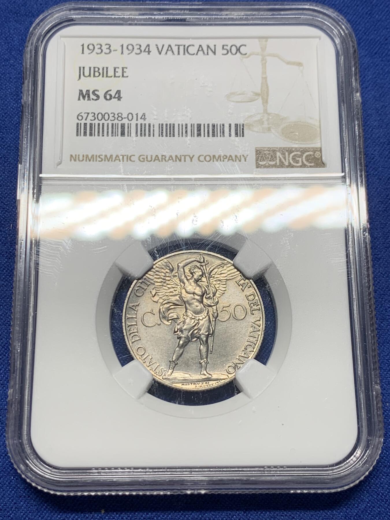 《竞宝斋》第341场 周日，周一，2场连拍 （全场包邮） NGC MS64 梵蒂冈1933-1934年50分镍币，大天使米迦勒拔剑图案